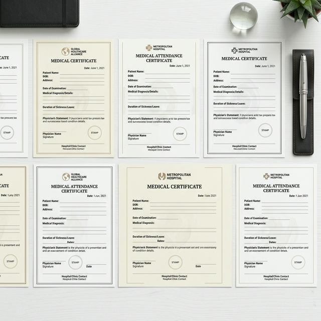 medical certificate templates layout on desk