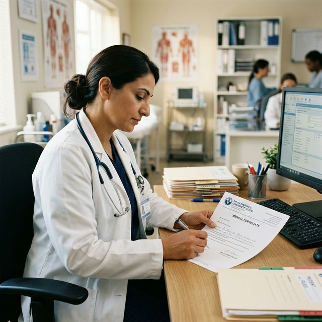 doctor writing medical certificate on official letterhead